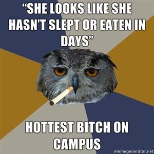 "SHE LOOKS LIKE SHE HASN'T SLEPT OR EATEN IN DAYS" HOTTEST BITCH ON CAMPUS memegenerator.net