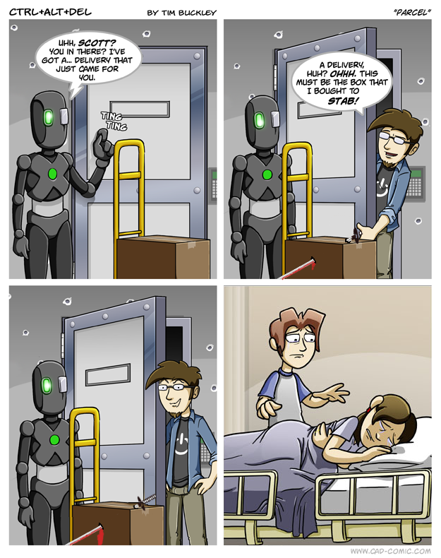 "PARCEL CTRL+ALT+DEし BY TIM BUCKLEY UHH, SCOTT? You IN THERE? I'VE GOT A... DELIVERY THAT JUST CAME FOR YoU. A DELIVERY, HUH? OHHH. THIS MUST BE THE BOX THAT I BOUGHT TO STAB! TING TING www.CAD-COMIC.CO ㅆ