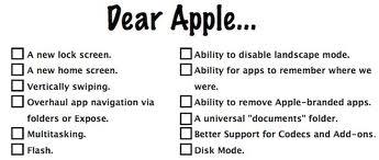 Vear Apple □ A new lock screen. Ability to disable landscape mode. Ability for apps to remember where we A new home screen. vertically swiping. Overhaul app navigation via folders or Expose. □ A universal "documents" folder. □Better Support for Codecs and Add-ons. □ Multitasking. □ Flash. Disk Mode.