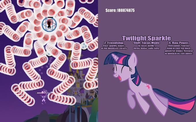 Score: 108874875 Twilight Sparkle Friendship Cast sparkly magic ol the bouncins variety Shift: Focus Mode In focus mode Ihrow masicwilly nilly! X:Raw Power (Consumes Enersy Hold Io Cast the most powerful magic. Release to unleash ins raw Dower