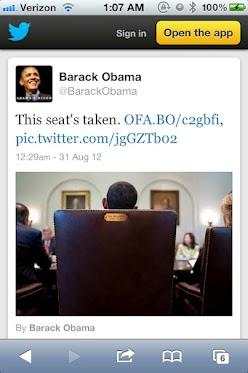 .11. Verizon 1:07 AM@Q 100% 뽀 Sign in Open the app Barack Obama BarackObama This seat's taken. OFA.BO/c2gbfi, pic.twitter.com/igGZTbo2 12:29am 31 Aug 12 By Barack Obama