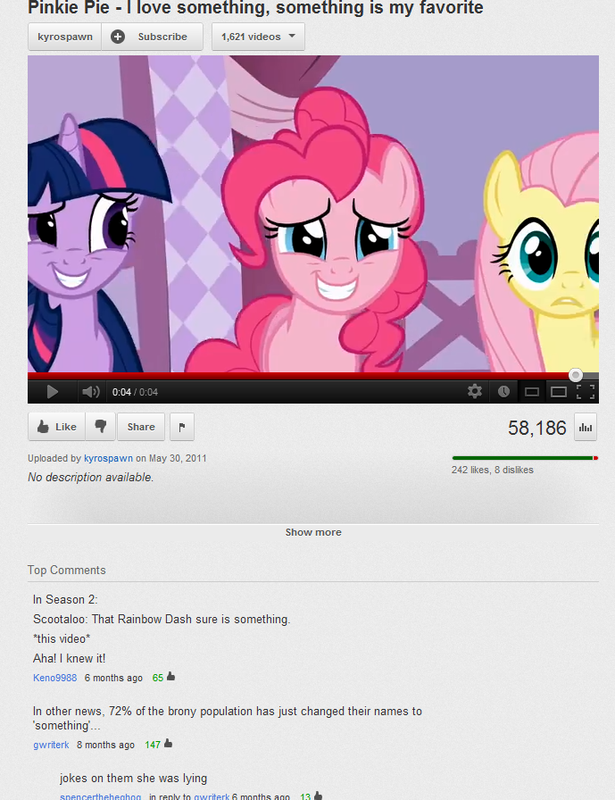 Pinkie Pie love something, something is my favorite kyrospawn Subscribe 1,621 videos ▼ 0:04/0:04 LikeShare 58,186 Uploaded by kyrospawn on May 30, 2011 242 likes, 8 dislkes No description available Show more Top Comments In Season 2 Scootaloo: That Rainbow Dash sure is something. *this video* Aha! I knew it! Keno9988 6 months ago 65 In other news, 72% of the brony population has just changed their names to something gwriterk 8 months ago 147 jokes on them she was lying