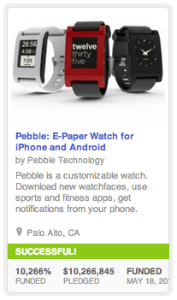 twelve five Pebble: E-Paper Watch for Phone and Android by Pebble Technology Pebble is a customizable watch. Download new watchfaces, use sports and fitness apps, get notifications from your phone. Palo Alto, CA 10,266% $10,266,845 FUNDED FUNDED PLEDGED MAY 18, 20