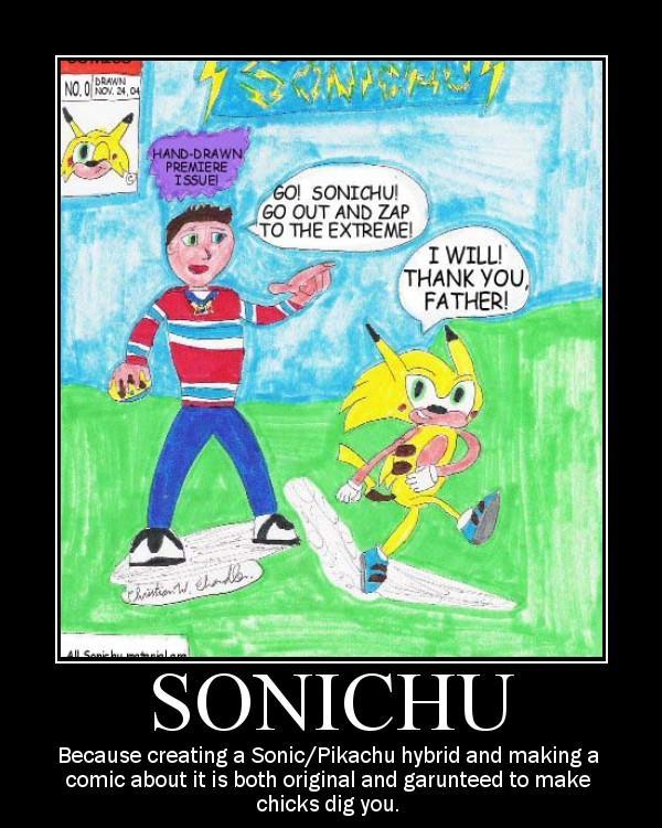 DRAWN . 24,04 ー HAND-DRAWN ページ PREMTERE . ISSUE! SONICHU GO OUT AND ZAP TO THE EXTREME I WILL! THANK YOU FATHER! SONICHU Because creating a Sonic/Pikachu hybrid and making a comic about it is both original and garunteed to make chicks dig you.