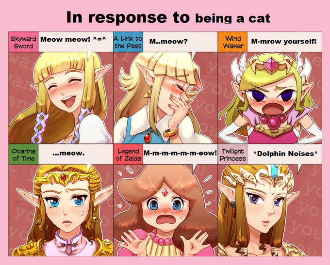 In response to being a cat Skyward Meow meow! AEA A Link to Wind Waker M-mrow yourself! Sword the Past meow? Ocarina of Time ..meow. m-m-m-m-m-eow *Dolphin Noises* of Zelda PrincesS