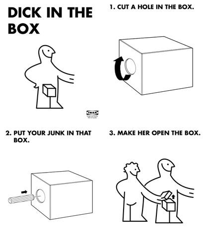 BO!x. D--- IN THE1. cUT A HOLE IN THE BOX 2. PUT YOUR JUNK IN THAT 3. MAKE HER OPEN THE BOX. BOX.