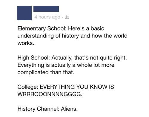 4 hours ago . Elementary School: Here's a basic understanding of history and how the world works. High School: Actually, that's not quite right. Everything is actually a whole lot more complicated than that College: EVERYTHING YOU KNOW IS History Channel: Aliens