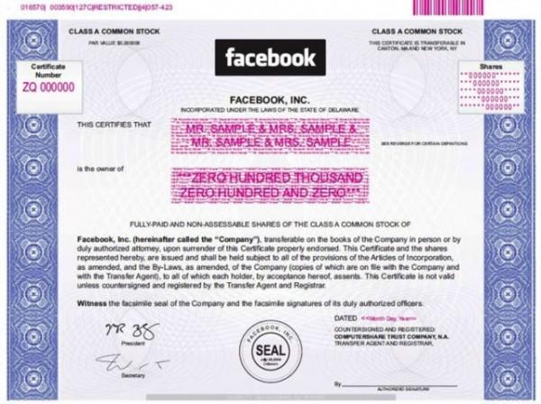 165701 0035 0127CIRESTRICTED 47 42 CLASS A COMMON STOCK CLASS A COMMON STOCK facebook Shares Cortificate Number ZQ 000000 FACEBOOK, ING O00000 NODRPORATED UNDER THE LAWS OF THE STATE OF DELARARE THIS CERTIFES THATMR SAMPLE&MRS SAUPLE is the owner of ZERC HUNDRED THOUSAND UNDRED AND FULLY-PAID AND NON-ASSESSABLE SHARES OF THE CLASSA COMON STOCK OF Facebook, Inc. (hereinafter called the "Company, ransferable on the books of the Company in person or by duly authorized attomey, upon sumender of this Certificate properly endorsed. This Certficate and the shares represented hereby, are issued and shall be held subject to all of the provisions of the Artidles of Incorporation, as amended, and the By-Laws, as amended, of the Company (copies of which are on e with the Company and with te Transfer Agen0、to all of which each holder, by acceptance hereof asserts This Cenreate is not vald unless countersigned and registered by the Transfer Agent and Registrar Witness the facsimile seal of the Company and the facsimle signatures of its duly authorized oficers 7 38 COUNTERSIGNEDAND GSTERED COMUTERSTRUST COMPANY, NA SEAL