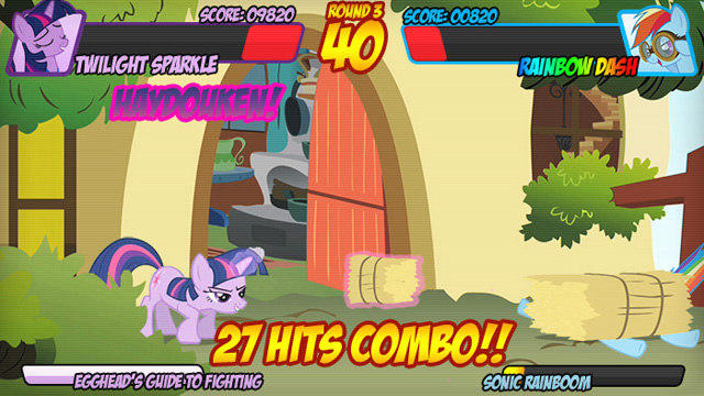 SCORE:09820 ROUND 3 SCORE: 00820 TWILIGHT SPARKLE RAINBOW DAS 27 HITS COMBO!! EGCHEADS GHIDE TO FIGHTING EONIC RAINECOm