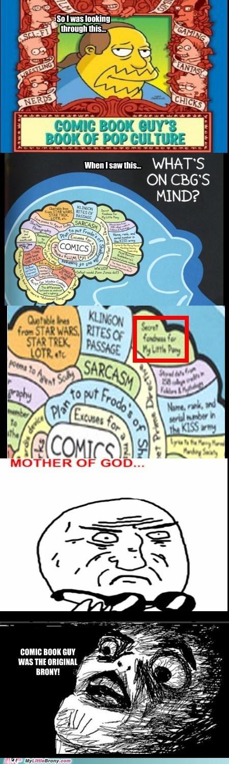 So l was looking through this.. COMIC BOOK UYS BOOK OF POP CULTURE Isawthis.. WHAT S ON CBG'S MIND? RITES OF SA do ino KLINGON STAR WARS STAR TREK PASSA OTR·化 SAR KISS r COMICS MOTHER OF GOD. COMIC BOOK GUY WAS THE ORIGINAL BRONY! My LittleBrony.co