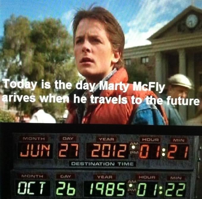 Todey is the dayMarty McFly rives when he travels to the future MONTH DAY YEAR HOUR MIN AM I IN ㄩ DESTINATION TIME MONTH HOUR MIN OCT 2b 8 AM :22