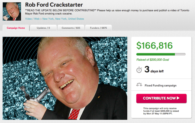 Rob Ford Crackstarter READ THE UPDATE BELOW BEFORE CONTRIBUTING" Please help us raise enough money to purchase and publish a video of Toronto Mayor Rob Ford smoking crack cocaine. Video/Web - New York, New York, United States Campaign Home Updates /0 Comments/825 Funders/ 6875 $166,816 Raised of $200,000 Goal 0 days left ixed Funding campaign CONTRIBUTE NOW This campaign will only receive funds if at least $200,000 is raised by Mon 27 May 11:59PM PT