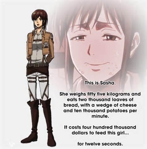 Alm This is Sasha She weighs fifty five kilograms and eats two thousand loaves of bread, with a wedge of cheese and ten thousand potatoes per minute. It costs four hundred thousand dollars to feed this girl... for twelve seconds.