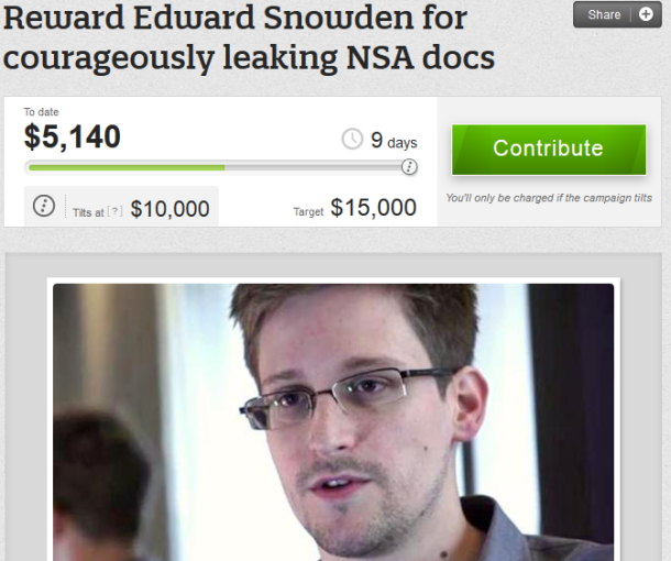 Share Reward Edward Shouden for courageously leaking NSA docs To date $5,140 9 days Contribute O T--- atつ $10,000 Target $15,00uony be charged if the campaign tisi