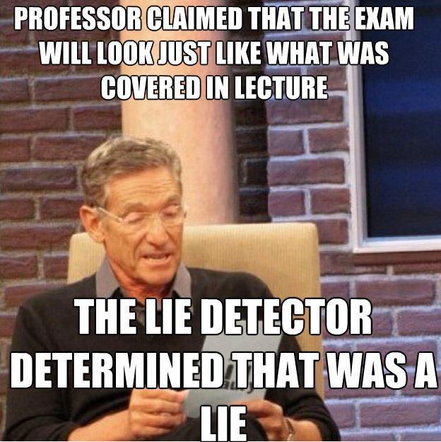 CLAIMED THAT THE PROFESSOR EXAM WILL'LOOKJUST LIKE WHAT WAS COVERED IN LECTURE THE LIE DETECTOR DETERMINED THAT WAS A LIE