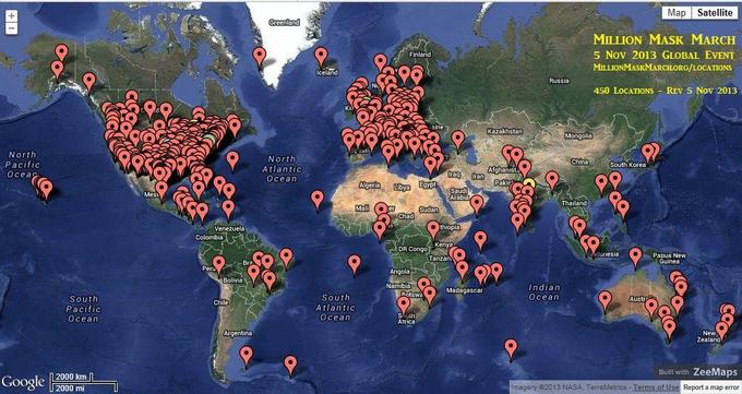 Map Satellite MILLION MASK MARCH 5 Nov 2013 GLOBAL EVENT MILLIONMASKMARCHORG/LOCATIONS Finland celand Russia 450 LocATIONSREV 5 Nov 2013 Kazakhstan Mongolia North Pacific Ocear North Atlantic Ocean china South Korea Afghanis raq Iran Pakie Mexi Thailand Mali. chad Venezuela thiopia Kenya DR Congo donesi8 Papua New Tanzan Peru Angola Bolivia Indian Ocean Namibia Madagascar Rotswa South Pacific Ocean South Atlantic Ocean Aust Chile ATrICa Argentina Zealana Built with ZeeMaps le 2000 kmm 2000 mi Oo Imagery 92013 NA3A. TerraMetrics-Terms of Use Report a map error