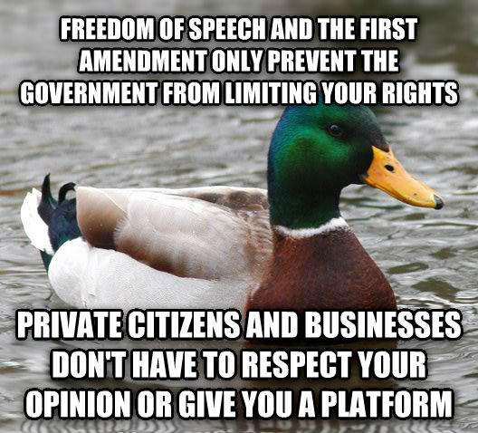 FREEDOMOF SPEECH AND THE FIRST AMENDMENTONLY PREVENT TE GOVERNMENT FROM LIMITING YOUR RIGHTS PRIVATE CITIZENS AND BUSINESSES DON'T HAVE TO RESPECT YOUR OPINION OR GIVE YOU A PLATFORM