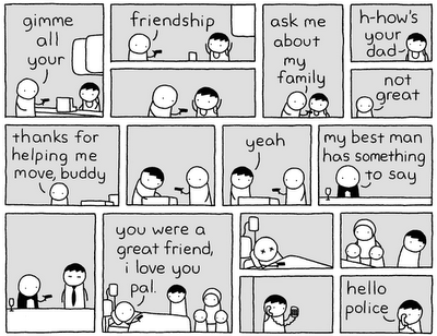 friendship gimme all your ask meh-how's about your dad mu family not great thanks for helping me move, buddy yeah my best man has something to say you were a reat friend i love you pal PaYou hello police