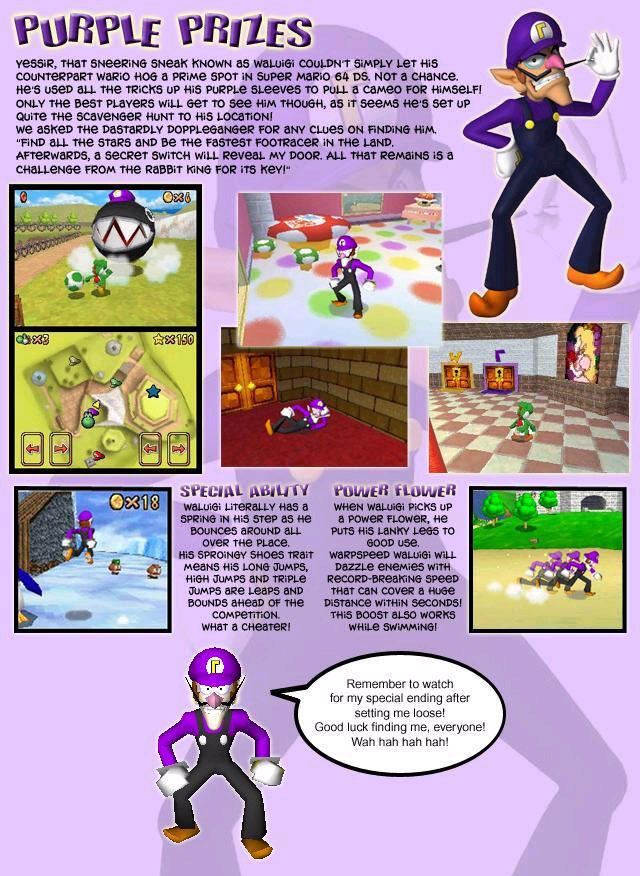 PURPLE PRILES YesSiR, THaT SNeeRING SNeaK KNOWN as waLuiGi COULDNT SiMPLY LeT His COUNTeRPaRT WaRiO HO6 a PRiMe SPOT iN SuPeR MaRio 64 DS, NOT a cHaNce. He's useD aLL THe TRiCKS UP HiS PURPLe sLeeves TO PULL a caMeo FOR HiMSeLFI ONLY THe Best PLaYeRS wILL GeT TO see HiM THOUGH, as it seeMS He's set uP Quite THe scaveNGeR HUNT TO HiS LoCaTiON! we askeD THe DastaRDLY DOPPLeGaNGeR FOR aNY CLUeS ON FINDING HiM. AFTeRwaRDS, a secReT SWITCH WiLL ReveaL MY DOOR. ALL THat ReMaiNS iS a CHaLLeNGe FROM THe RaBBiT KING FOR ITS keyl 9236 150 9E318 wLuiGi LiTeRaLlY Has a WHeN WaLuiei PICKS UP SPRING IN HiS STep as He a PoWeR FLOweR, He BOUNCeS aROUND LL PUTS HiS LaNKY Lees to oveR The PLace. GOOD use HiS SPROiNGY SHoeS TRait WaRPSPeeD WaLuiGi wiLL MeaNS HiS LONG JUMPS, DaZZLe eNeMieS wiTH DiSTaNce wiTHiN SecONDS! THiS BOOST aLSO WORKS WHiLe SwiMMINGI BOUNDS aHeaD OF THe COMPenTION. WHat a cHeateR! Remember to watch for my special ending after setting me loose! Good luck finding me, everyone! Wah hah hah hah!