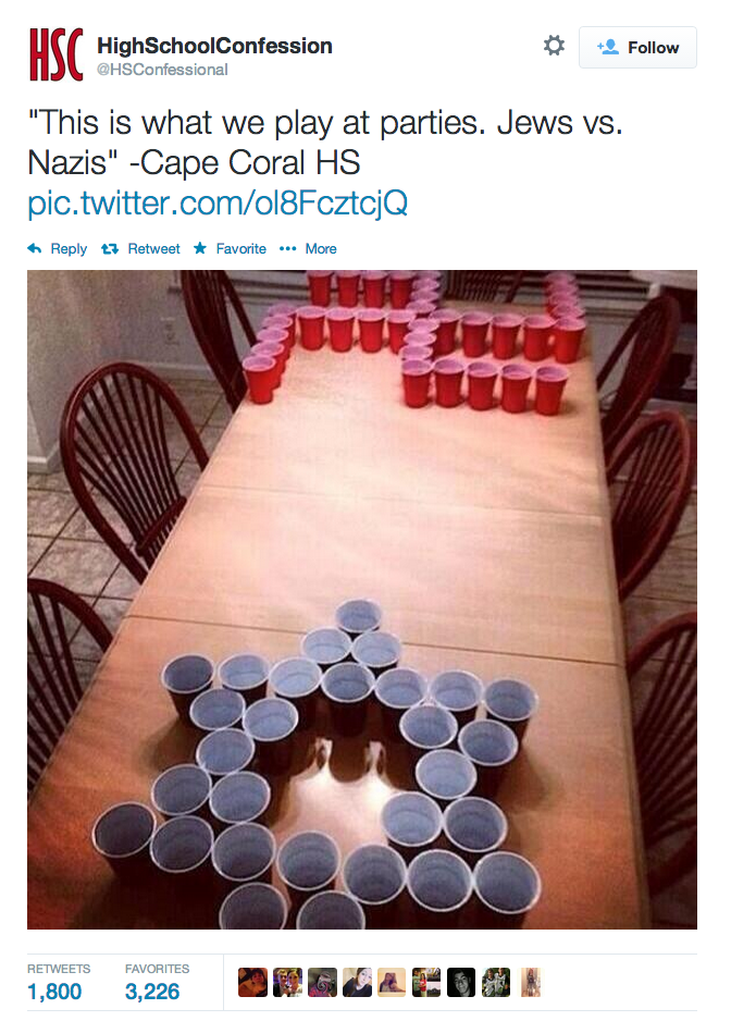 HSC * 塩Follow HighSchoolConfession @HSConfessional This is what we play at parties. Jews vs. Nazis" -Cape Coral HS pic.twitter.com/ol8FcztcjQ Reply t. Retweet ★ Favorite More RETWEETS FAVORITES 1,800 3,226