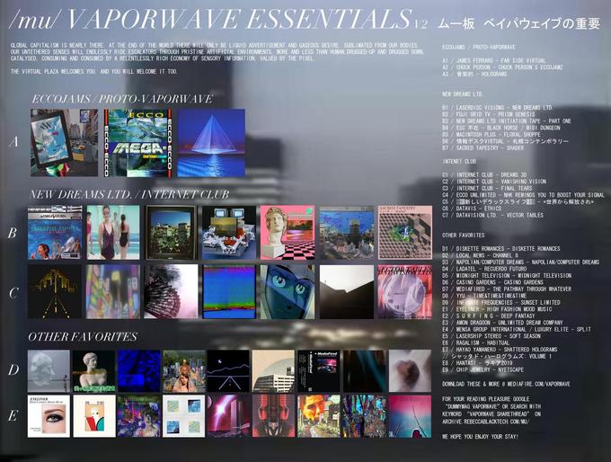 /mu/ VAPORWAVE ESSENTIALS. ムー板ベイパウエイブの重 要 GLOBAL CAPITALISM IS NEARLY THERE. AT THE END OF THE OUR UNTETHERED SENSES WILL ENDLESSLY RIDE ESCALATORS THROUGH PRISTINE ARTIFICIAL ENVIRONMENTS, MORE AND LESS THAN HUMAN. DRUGGED-UP AND DRUGGED DOWN CATALYSED, CONSUMING AND CONSUMED BY A RELENTLESSLY RICH ECONOMY OF SENSORY INFORMATION, VALUED BY THE PIXEL. WORLD THERE WILL ONLY BE LIQUID ADVERT I SEMENT AND GASEOUS DESIRE. SUBL IMATED FROM OUR BODIES ECCOJAMS PROTO-VAPORWAVE A1 JAMES FERRARO FAR SIDE VIRTUAL A2 CHUCK PERSON CHUCK PERSON' S ECCOJAMZ A3 /骨架的.. HOLOGRAMS THE VIRTUAL PLAZA WELCOMES YOU. AND YOU WILL WELCOME IT TOO. NEW DREAMS LTD. ECCOJAMS/PROTO-VAPORWAVE B1 LASERDISC VISIONS NEW DREAMS LTD. B2 FUJI GRID TV PRISM GENESIS B3 NEW DREAMS LTD INITIATION TAPE PART ONE B4 / ESC不在-BLACK HORSE / MIDI DUNGEON B5 MACINTOSH PLUS FLORAL SHOPPE B6 /情報デスクVIRTUAL-札幌コンテンポラリー B7 SACRED TAPESTRY SHADER NOLI INTENET CLUB 咐 C1 INTERNET CLUB DREAMS 3D C2 INTERNET CLUB VANISHING VISION C3 INTERNET CLUB FINAL TEARS C4 ECCO UNLIMITED NHK REMINDS YOU TO BOOST YOUR SIGNAL C5 / 11新しいデラックスライフ酯-,世界から解放され困 CLUB DATAVIS ETHICS SACRED TAPESTRY C7 DATAVISION LTD. VECTOR TABLES OTHER FAVORI TES D1 DISKETTE ROMANCES DISKETTE ROMANCES D2 LOCAL NEWS CHANNEL 8 D3 NAPOLIAN/COMPUTER DREAMS NAPOLIAN/COMPUTER DREAMS D4 LADATEL RECUERDO FUTURO D5 MIDNIGHT TELEVISION MIDNIGHT TELEVISION D6 CASINO GARDENS CASINO GARDENS D7 MEDIAFIRED THE PATHWAY THROUGH WHATEVER D8 YYU TIME&TIME&TIME&TIME D9 INFINITE FREQUENCIES SUNSET LIMITED E1 /EYELINER HIGH FASHION MOOD MUSIC E2 SURFING DEEP FANTASY E3 AMON DRAGOON UNLIMITED DREAM COMPANY E4 MENSA GROUP INTERNATIONAL LUXURY ELITE SPLIT E5 LASERSHIP STEREO SOFT SEASON E6 RAGALISM HABITUAL E7 HAYAO YAMANEKO SHATTERED HOLOGRAMS 77シャッタド·ハーログラムズ: VOLUME 1 E8 / HANTASI-ラギア2019 E9 CHIP JEWELRY NYETSCAPE OTHER FAVORITES DOWNLOAD THESE & MORE @ MEDIAFIRE. COM/VAPORWAVE EYELINER FOR YOUR READING PLEASURE GOOGLE "DUMNYMAG VAPORWAVE" OR SEARCH WITH KEYWORD "VAPORWAVE SHARETHREAD" ON ARCHIVE. REBECCABLACKTECH. COM/MU/ WE HOPE YOU ENJOY YOUR STAY!