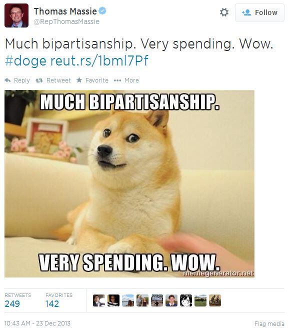 Thomas Massie @RepThomasMassie 塩Follow Much bipartisanship. Very spending. Wow. #doge reut.rs/1bml7Pf わReply 다 Retweet * Favorite More MUCH BIPARTISANSHIP VERY SPENDING WOW RETWEETS FAVORITES 249 142 10:43 AM 23 Dec 2013 Flag media