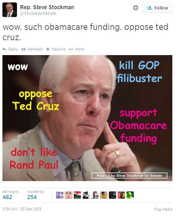 Rep. Steve Stockman @StockmanSenate Follow wow. such obamacare funding. oppose ted cruz わReply t3 Retweet * Favorite More kill GOP filibuster Wow oppose Ted Cruz support Obamacare funding don't like Rand Paul Paid for by Steve Stockman for Senate RETWEETS FAVORITES 462 254 ·玺弓 115 11:34 AM-23 Dec 2013 Flag media