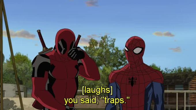 Deadpool responding to Spider-Man saying "boobie trap" by laughing at the second word rather than the first