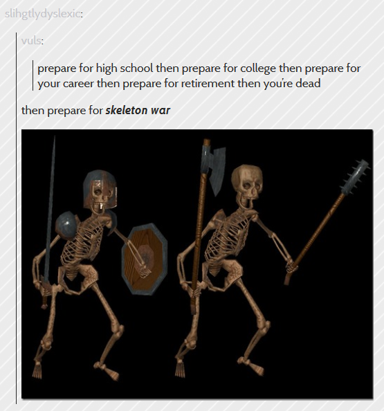 slihgtlydyslexic vuls: prepare for high school then prepare for college then prepare for your career then prepare for retirement then you're dead then prepare for skeleton war