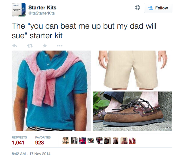 sarter Kits 4 Follow itsStarterKits The "you can beat me up but my dad will sue" starter kit わt3 ★ RETWEETS FAVORITES 8:42 AM-17 Nov 2014