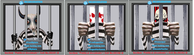 追1NC 追IN POLICE DEPT #FreeMykeru POLICE DEPT. #FreeRogueStar Right f------ now @RogueStarGamez Section "Political dissilentse Gell No.00342-U POLICE DEPT. #freesenpai Right f------ now AnonlsFineToo Section "Political dissidents" Cell No.00343-D Right f------ now @Mykeru Section "Political dissidents": Cell No.00341-D