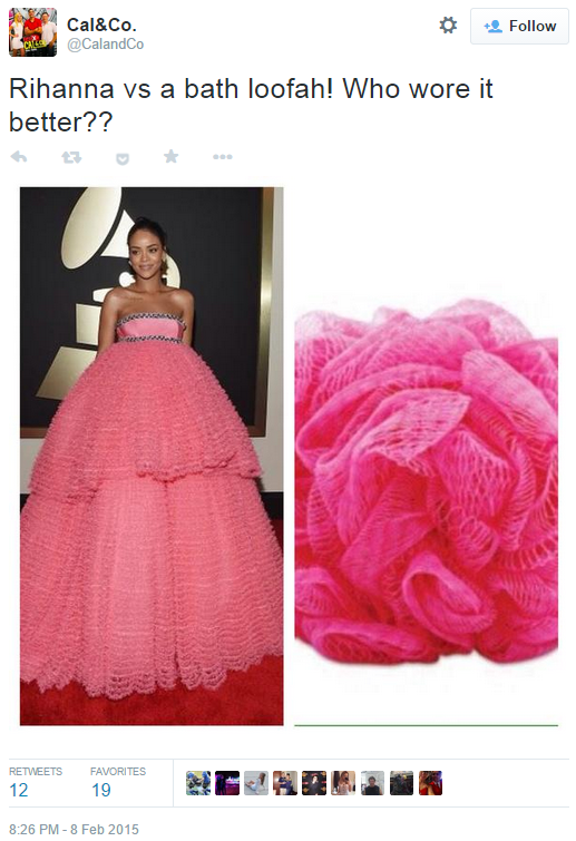 * Follow Cal&Co. CalandCo Rihanna vs a bath loofah! Who wore it better?? わロ * RETWEETS FAVORITES 12 19 8:26 PM -8 Feb 2015