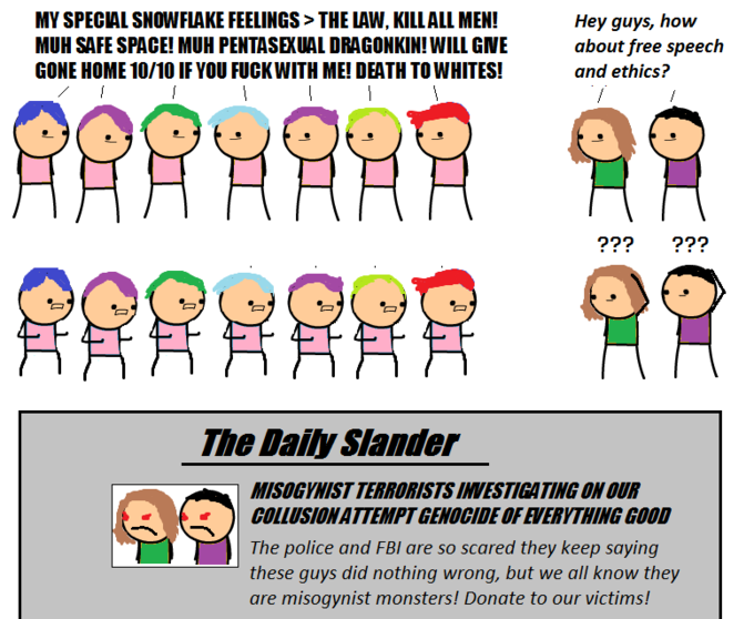 This is a satire of tumblr. special snowflakes and GamerGate.