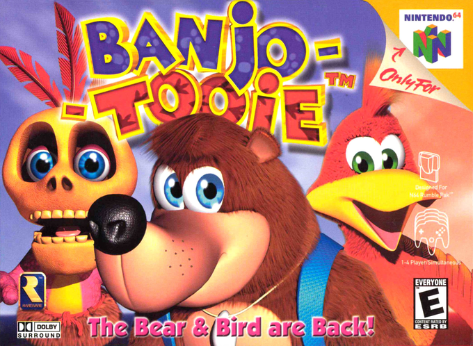 NINTENDO64 Designed For 64 Rumble Pak 1-4 Player/Simuiltaneo TM EVERYONE TM RAREWARE The Bear & Bird are Back. CONTENT RATED BY ESR B DOLBY SURROUND