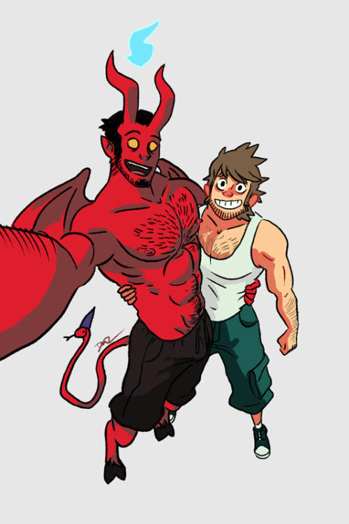 "Tobias and Guy" (formerly known as "Bara Demon and Guy") is a comedy/ romance webcomic about two buff men (well, one's technically a demon, but you know what I mean) that is accessible at http://tobiasandguy.tumblr.com/ . 