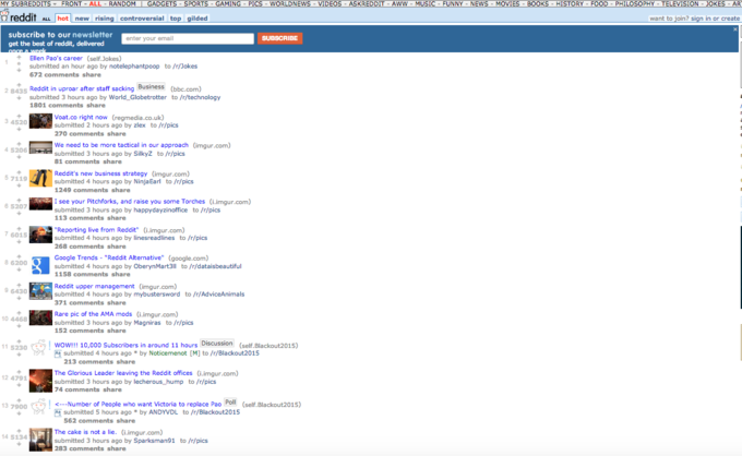 VIDEOS ASKREDDI T-AWW-MUSIC-FUNNY-NEWS-MOVIES-BOOKS - HISTORY-FOOD-PHILOSOPHY- TELEVISION -JOKE AR ALL hot new risingcontroversial ilded want to join? sign in or create subscribe to our newsletter get the best of reddit, delivered enter your email SUBSCRIBE 个 Ellen Pao's career (self,Jokes) submitted an hour ago by notelephantpoop to /r/Jokes 672 comments share Reddit in uproar after staff sacking Business(bbc.com) 2 8435 submitted 3 hours ago by World_Globetrotter to /r/technology 1801 comments share oat.co right now (regmedia.co.uk) submitted 2 hours ago by zlex to /r/pics 270 comments share 3 4520 We need to be more tactical in our approach (imgur.com) submitted 3 hours ago by Silkyz to /r/pics 81 comments share 4 5206 Reddit's new business strategy (imgur.com) submitted 4 hours ago by NinjaEarl to /r/pics 1249 comments share 5 7119 I see your Pitchforks, and raise you some Torches (i.imgur.com) submitted 3 hours ago by happydayzinoffice to /r/pics 113 comments share 5207 Reporting live from Reddit" (i.imgur.com) submitted 4 hours ago by linesreadlines to /r/pics 268 comments share 7 6015 Google Trends "Reddit Alternative (google.com) submitted 4 hours ago by OberynMart3ll to /r/dataisbeautiful 1158 comments share 8 6200 Reddit upper management (imgur.com) submitted 4 hours ago by mybustersword to /r/AdviceAnimals 371 comments share 9 6430 of the AMA mods (i.imgur.com) Rare pic submitted 3 hours ago by Magniras to /r/pics 152 comments share 10 4468 1 5230 WOW!!! 10,000 Subscribers in around 11 hours Discussion (self.Blackout2015) submitted 4 hours ago * by Noticemenot [M] to /r/Blackout2015 213 comments share The Glorious Leader leaving the Reddit offices (i.imgur.com) submitted 3 hours ago by lecherous hump to /r/pics 4 comments share 12 4791 Number of People who want Victoria to replace Pao Poll submitted 5 hours ago * by ANDYVDL to /r/Blackout2015 562 comments share 13 7900 < (self.Blackout2015) The cake is not a lie. (i.imgur.com) 4 5134 submitted 3 hours ago by Sparksman91 to /r/pics 283 comments share