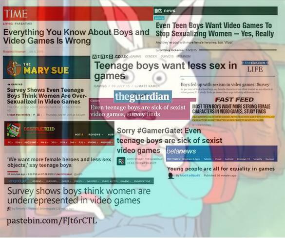 news TIME Everything You Know About Boys and Video Games Is Wrong Even Teen Boys Want Video Games To Stop Sexualizing Women - Yes, Really WIRED.CD.UKMIN GENCOR CRVEYS r Teenage boys want less sex in LIFE games THE MARY SUE Boys fed up with sexism in video games: Survey Survey Shows Even Teenage Boys Think Women Are Over- Sexualized in Video Games theguardian FAST FEED MOST TEEN BOYS WANT MORE STRONG FEMALE Even teenage boys are sick of sexistOARA vidco games, survey tindds ERS IN VIDEO GAMES, STUOY FINDS Sorry #GamerGate: Even teenage boys are sick of sexist video games betanews We want more female heroes and less sex objects, say teenage boys Young people are all for equality in games Survey shows boys think women are underrepresented in video games pastebin.com/FJt6rCTI