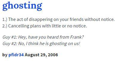 ghosting 1.) The act of disappering on your friends without notice. 2.) Cancelling plans with little or no notice. Guy #1: Hey, have you heard from Frank? Guy #2: No, I think he is ghosting on us! by pfidr34 August 29, 2006