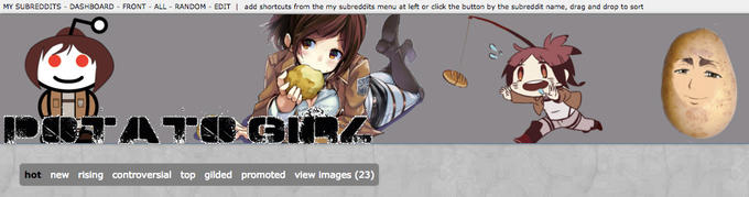 MY SUBREDDITS DASHBOARD FRONT ALL RANDOM EDIT add shortcuts from the my subreddits menu at left or click the button by the subreddit name, drag and drop to sort hot new rising controversial top gilded promoted view images (23)