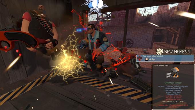 DELIVERY H NEW NEMESIS You were killed again by Hitler Hitler is carrying LITERALLY HITLER Level 5 Robot Arm Alt-Fire: -15 ammo, destroy projectiles No reload necessary Killstreaker; Fire Horns Sheen: Team Shine Killstreaks Active No random critical hits Per Shot: -5 ammo Uses metal for ammo 'ZAP! ZAP! M-----------!!" Tradable After: Monday, August 3, 2015 (3:00:00)