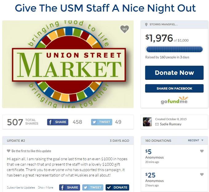 Give The USM Staff A Nice Night Out 9 STORRS MANSFIEL 161 $1,976 1 51,00 UNION STREE T Raised by 160 people in 3 days MARKET Donate Now SHARE ON FACEBOOK gofundme Created October 8, 201:5 Sadie Rumsey TOTAL 507 SHARES 458 SHARE TWEET LG UPDATE #2 3 DAYS AGO 160 DONATIONS RECENT ▼ Be the first to like this update Anonymous 20 mins ago Hi again all, I am raising the goal one last time to an even $1000 in hopes that we can reach that and present the staff with a lovely $1000 gift certificate. Thank you to everyone who has supported this campaign, it has been a great representation of what Huskies are all about! $25 Anonymous 2 hours ago Subscribe to Updates Show More SHARETWEETDONATE