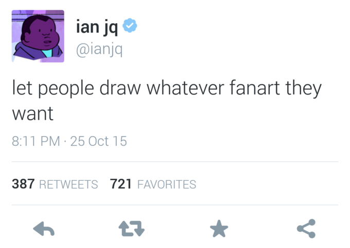 aianjq let people draw whatever fanart they want 8:11 PM 25 Oct 15 387 RETWEETS 721 FAVORITES