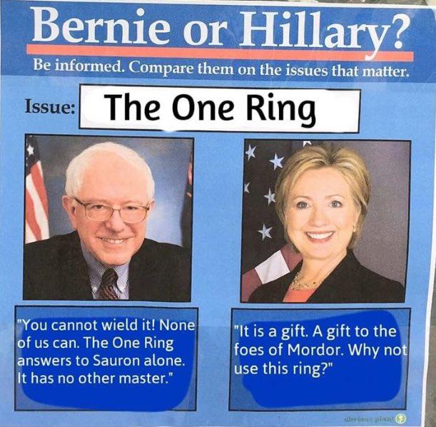 Bernie or Hillarv? Be informed. Compare them on the issues that matter Issue: The One Rina ou cannot wieldit None It is a gift. A gift to the of us can. The One Ring answers to Sauron alone. It has no other master." foes of Mordor. Why no use this ring?"