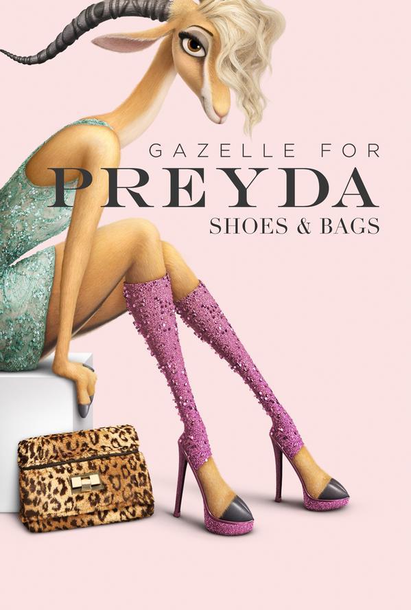 "Preyda":http://zootopia.wikia.com/wiki/Preyda is a leading fashion house in Zootopia, specializing in ready-to-wear leather and fashion accessories and shoes. It is a take on Italian fashion house Prada which was founded in 1913 by Mario Prada.
