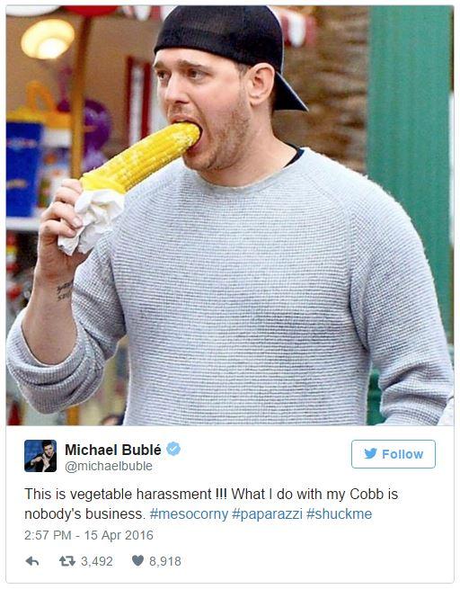 Michael Bublé @michaelbuble Follow This is vegetable harassment Ill What I do with my Cobb is nobody's business. #mesocorny #paparazzi #shuckme 2:57 PM - 15 Apr 2016 わ다 3.492 8.918