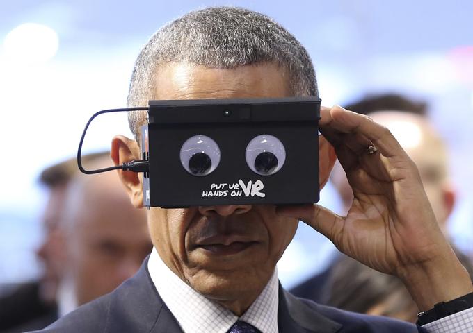 Barack Obama tries a pair of VR glasses at a technology convention in Hanover, Germany.