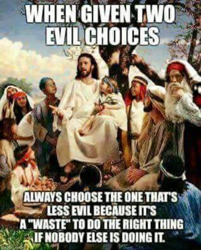 WHEN GIVEN TWO EVIL CHOICES ALWAYS CHOOSE THE ONE THATS LESS EVILBECAUSEITS A WASTE TO DO THE RIGHT THING IFNOBODYELSE IS DOING IT.