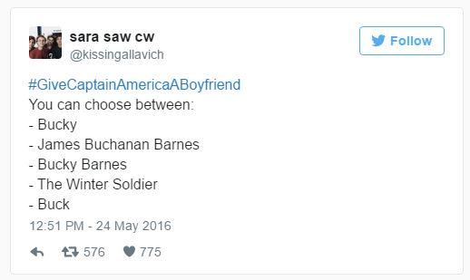 sara saw cw Follow @kissingallavic #GiveCaptainAmericaABoyfriend You can choose between: Bucky James Buchanan Barnes - Bucky Barnes The Winter Soldier - Buck 12:51 PM -24 May 2016 わ 576 775