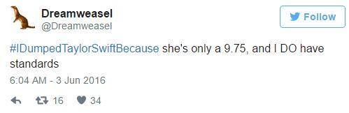 Dreamweasel @Dreamweasel Follow #IDumpedTaylorSwiftBecause she's only a 9.75, and I DO have standards 6:04 AM-3 Jun 2016 다 16 34
