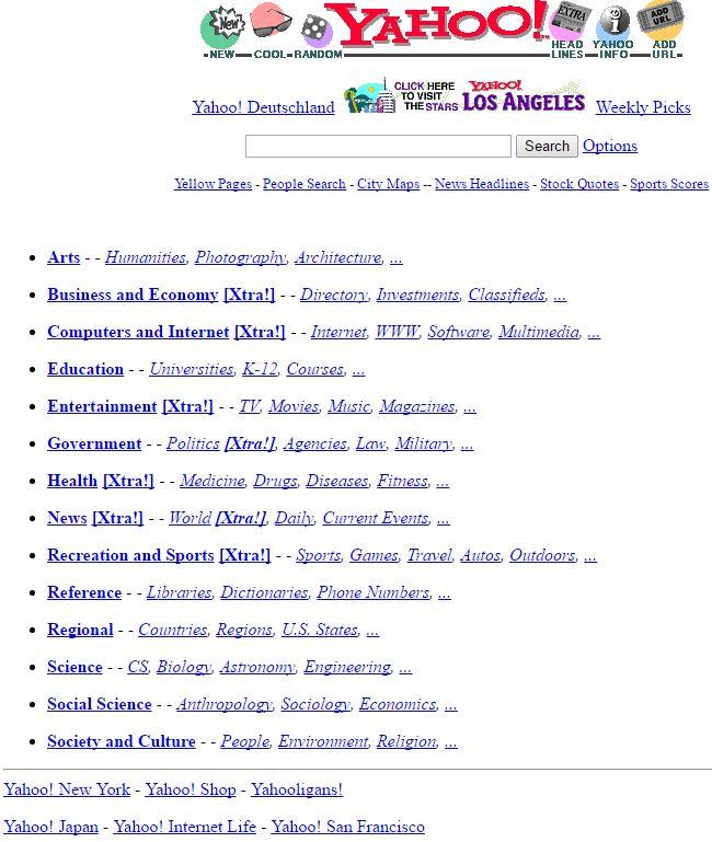 HEAD YAHO0 ADD LINESINFOURL NEW COOL-RANDOM CLICK HERE HoOL Yahoo! DeutschlanTETSS ANGELES Weekly Picks THE STARS Search Yellow Pages- People Search City Maps Nevs Headlines- Stock Quotes - Sports Scores · Arts-Humanities, Photography, Business and Economy Xtral Directon Investments, Classifieds Computers and Internet Xtral] - - Internet WW Sofware Multimedia Education--Lniversities, K-12 Coses Entertainment Xtall IL Movies Music Magazines Government - - Politics Ara!l Agencies, Las Militan Health [Xtra!] - - Medicine Drugs Diseases Fitness News Xtra!l - World trall Daih Cent Events. Recreation and Sports [XtraSports Games, Travel Autos Outdoors Reference Libraries, Dictionaries, Phone Nunbers, Regional- Countries Regions US States . Science-CS, Biology, Astronomy Engineering, Socia ence - . Society and Culture-一People, Environment, Religion,ー